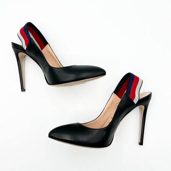 Gucci Sylvie Pumps Web Stripe Black Leather Slingback Heels Size 40, 10 - Picture 7 of 13